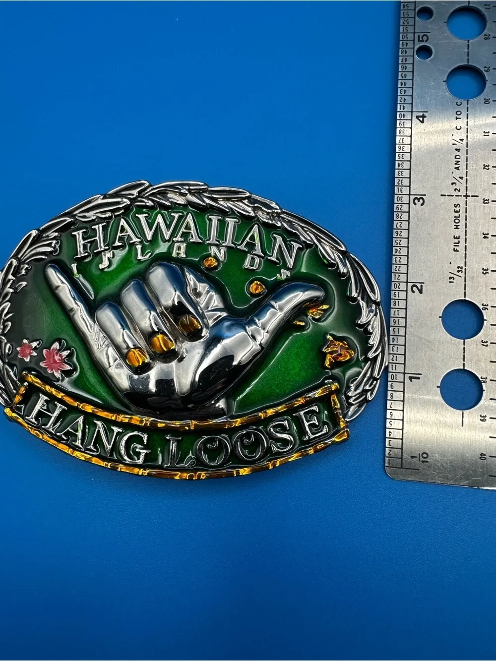 Vintage Hawaiian Islands Hang Loose Shaka Belt Buckle, NWT-Enamel in Silver Tone